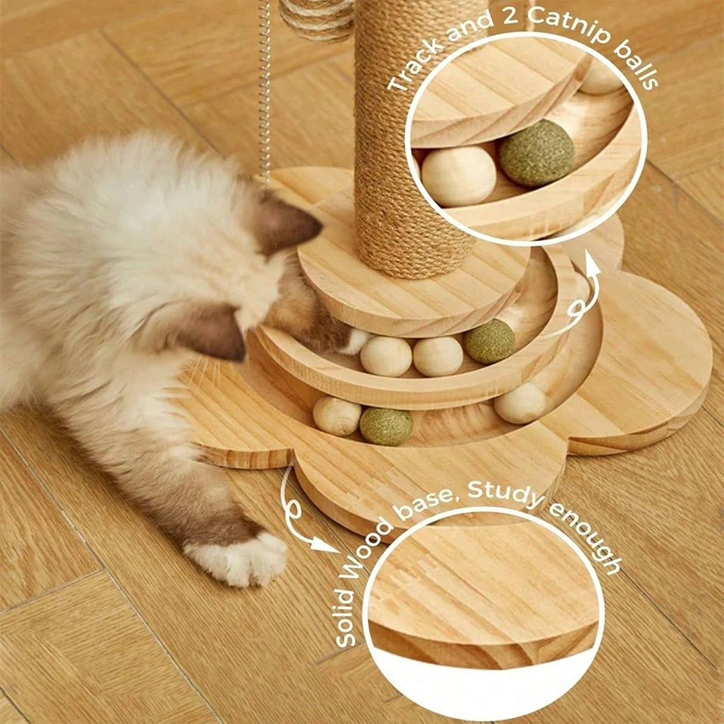 Wooden Cat Scratcher Activity Center With Ball Track and Feather Toy