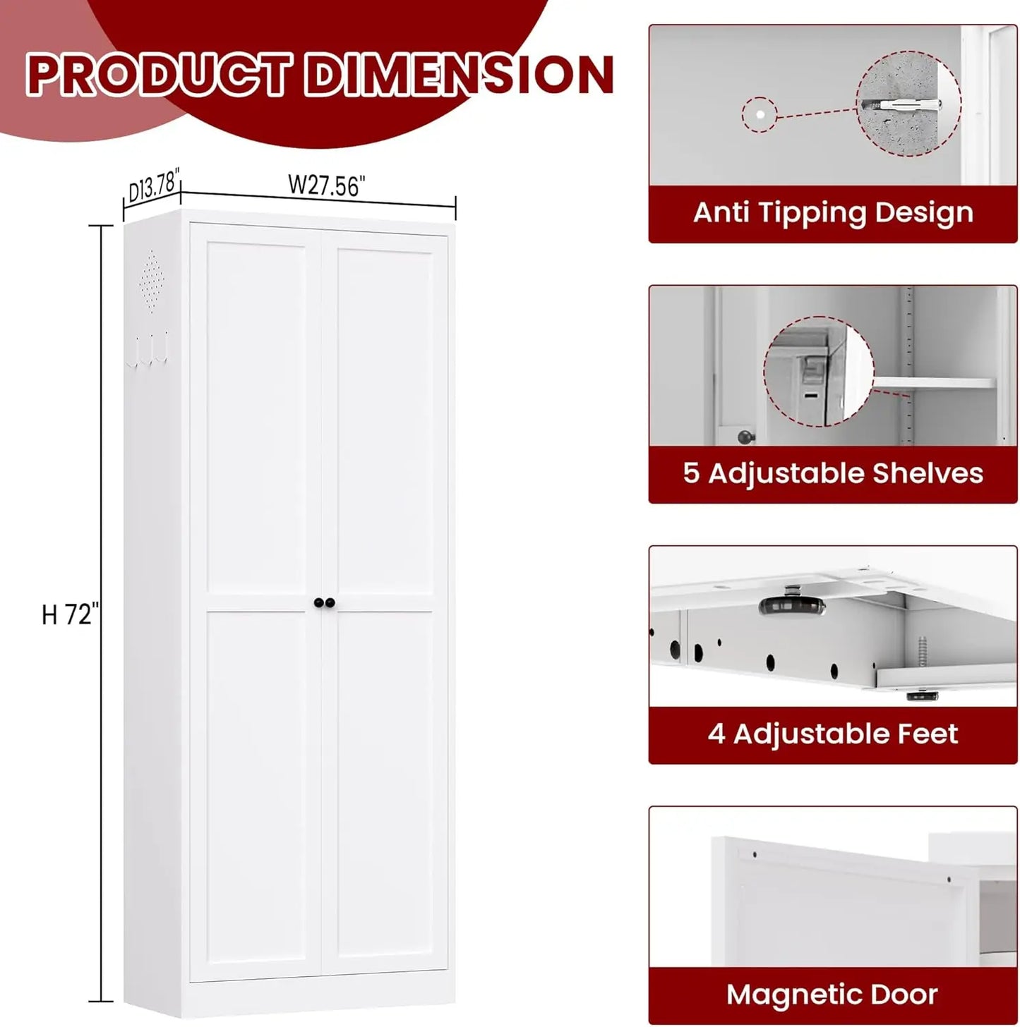 Kitchen Pantry Cabinet With Five Tier Adjustable Shelves And Doors