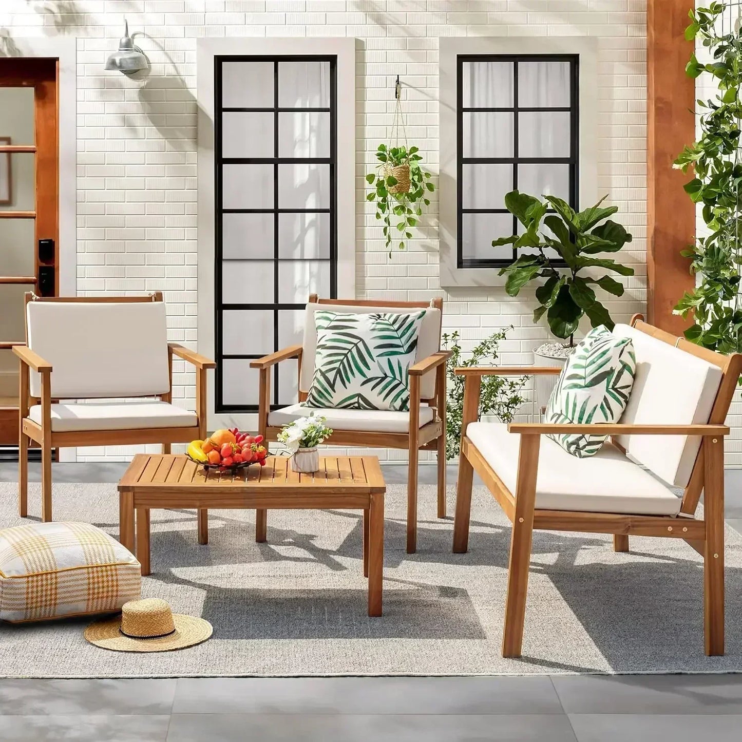 Acacia Wood Outdoor Patio 4 Piece Conversation Sofa Set With Table