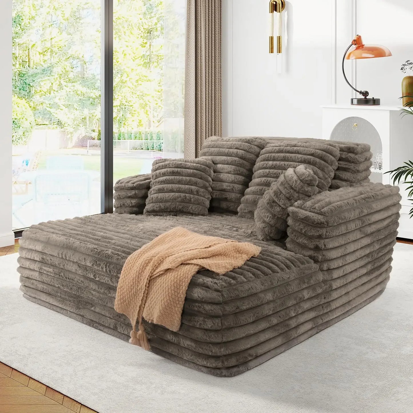 JEEOHEY Plush Faux Fur Chaise Lounge Chair Sleeper Sofa Bed With Pillows