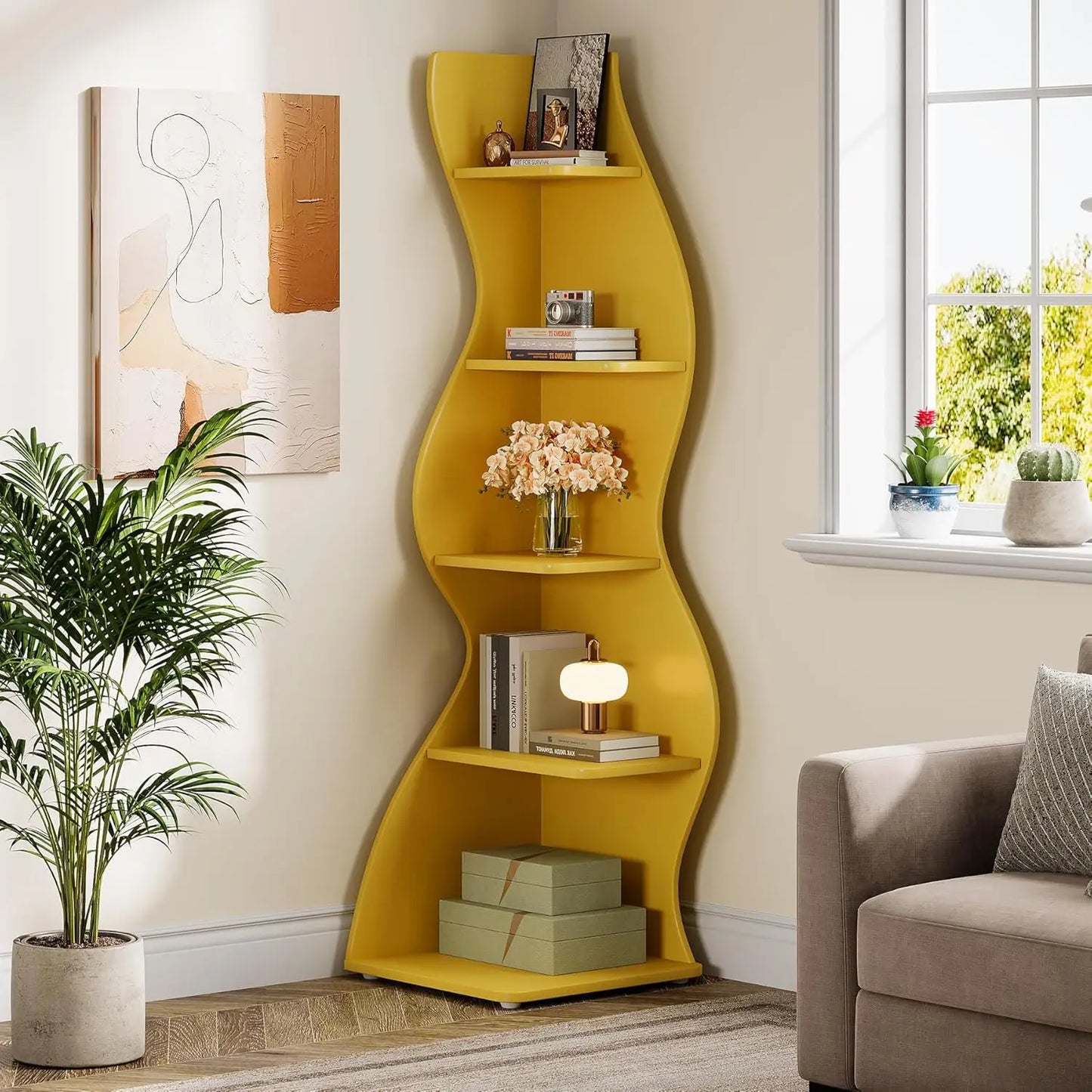 Modern 5-Tier Curvy Corner Shelf Rack For Living Room