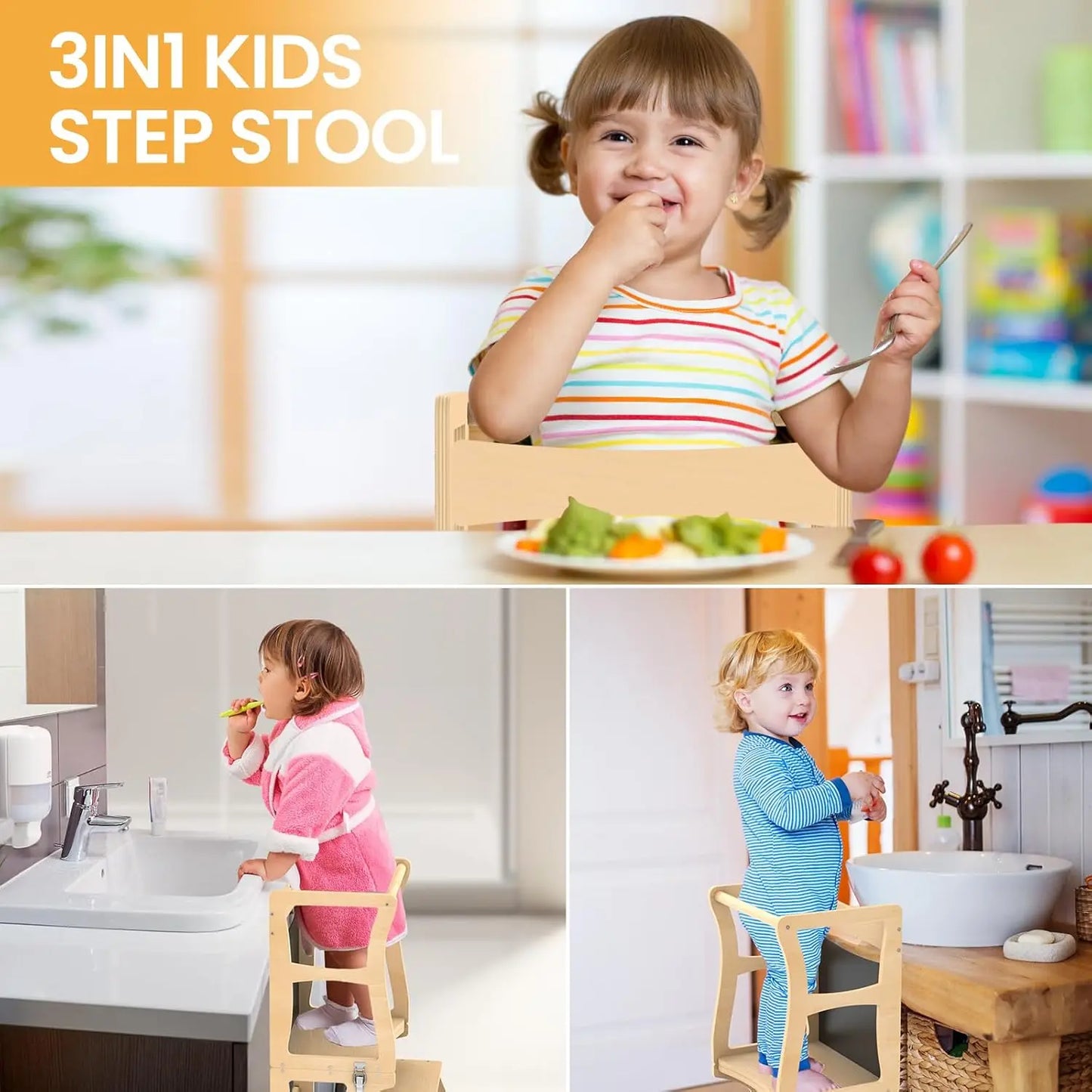 Foldable Toddler Kitchen Stool with Chalkboard and Safety Rail