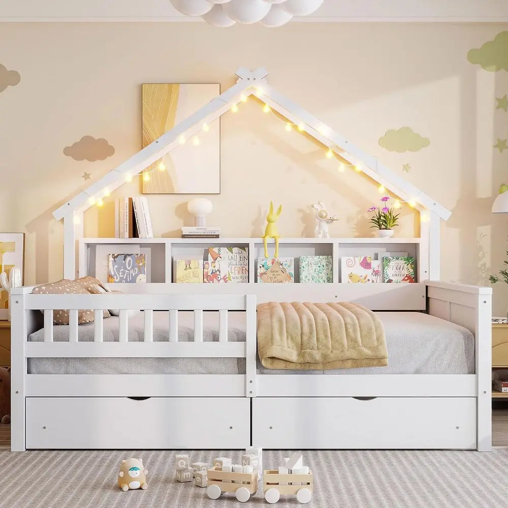 Wooden Bed Frame With Storage Drawers LED Lights And Shelves