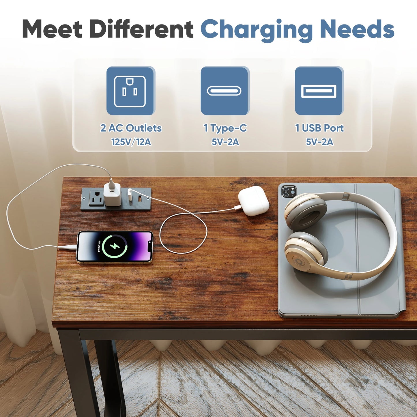 JHK Sofa Table With Charging Station Overbed Bedside Desk