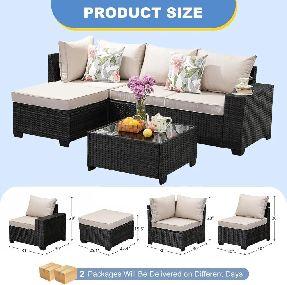 Outdoor 5-Piece Patio Furniture Set With Wicker Sofa Glass Table