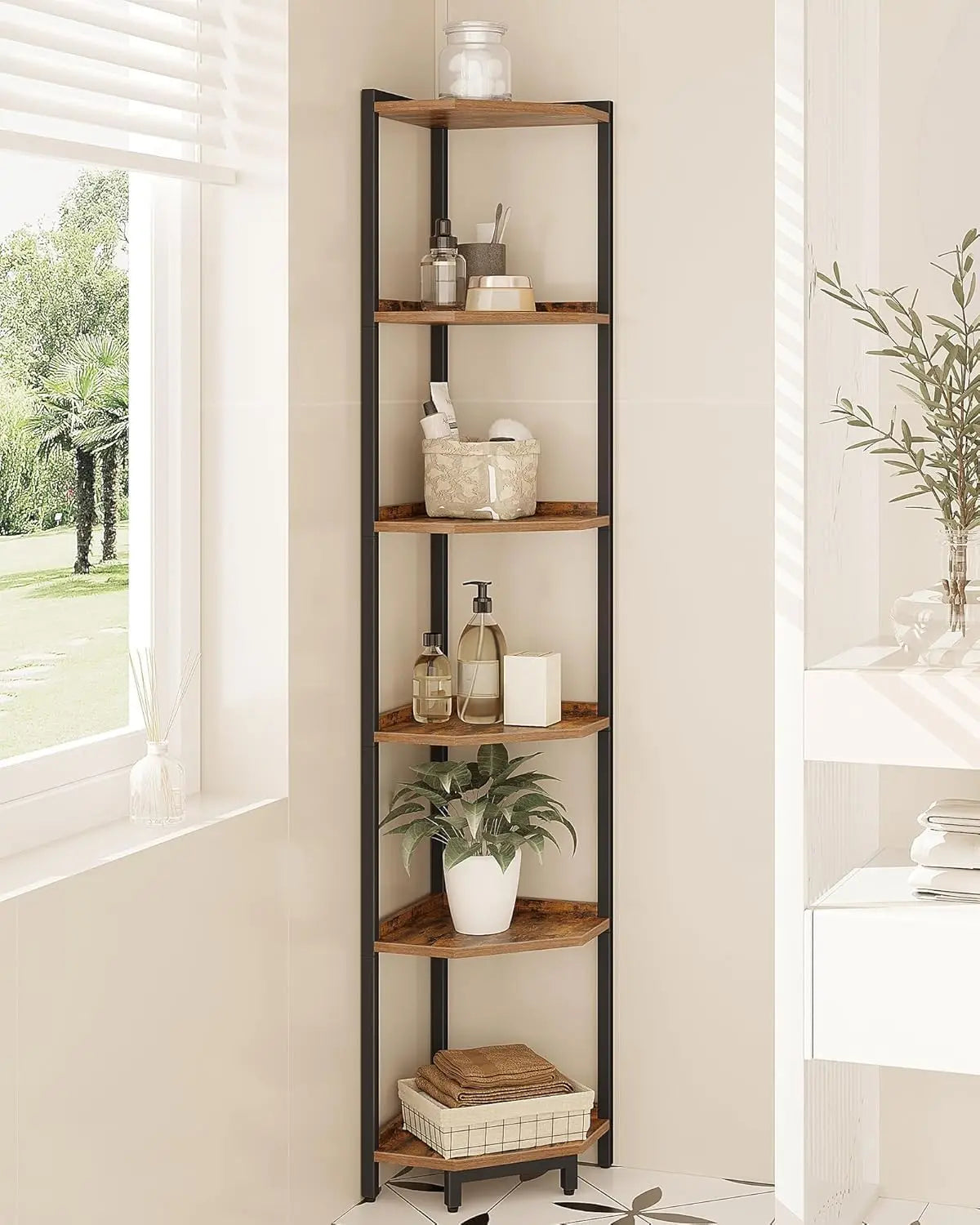 Corner Shelf Stand Six Tier Bookshelf With Metal Frame
