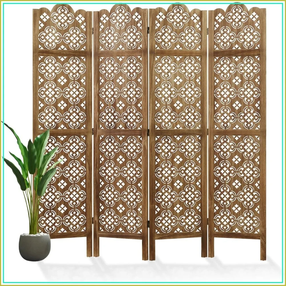 Four Panel Wood Carved Privacy Screen Folding Room Divider