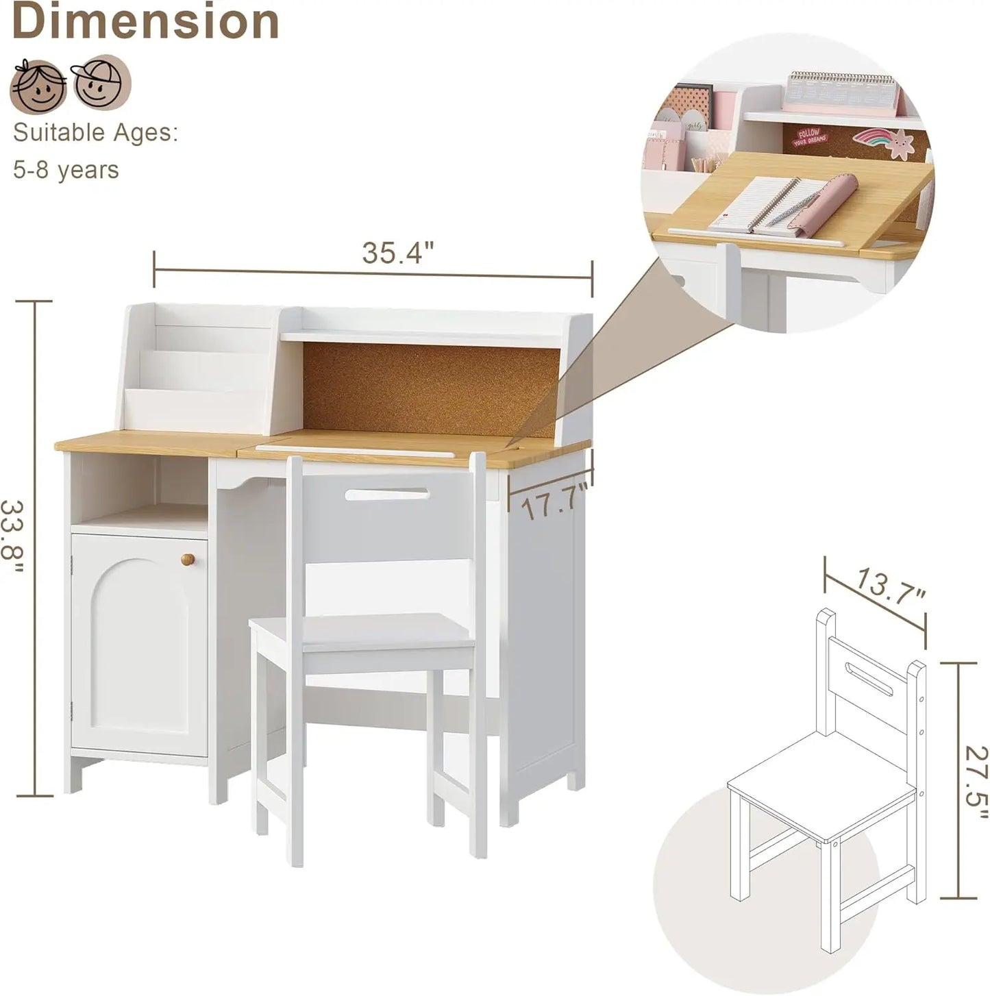 Kids Study Desk And Chair Set With Hutch Tiltable Desktop