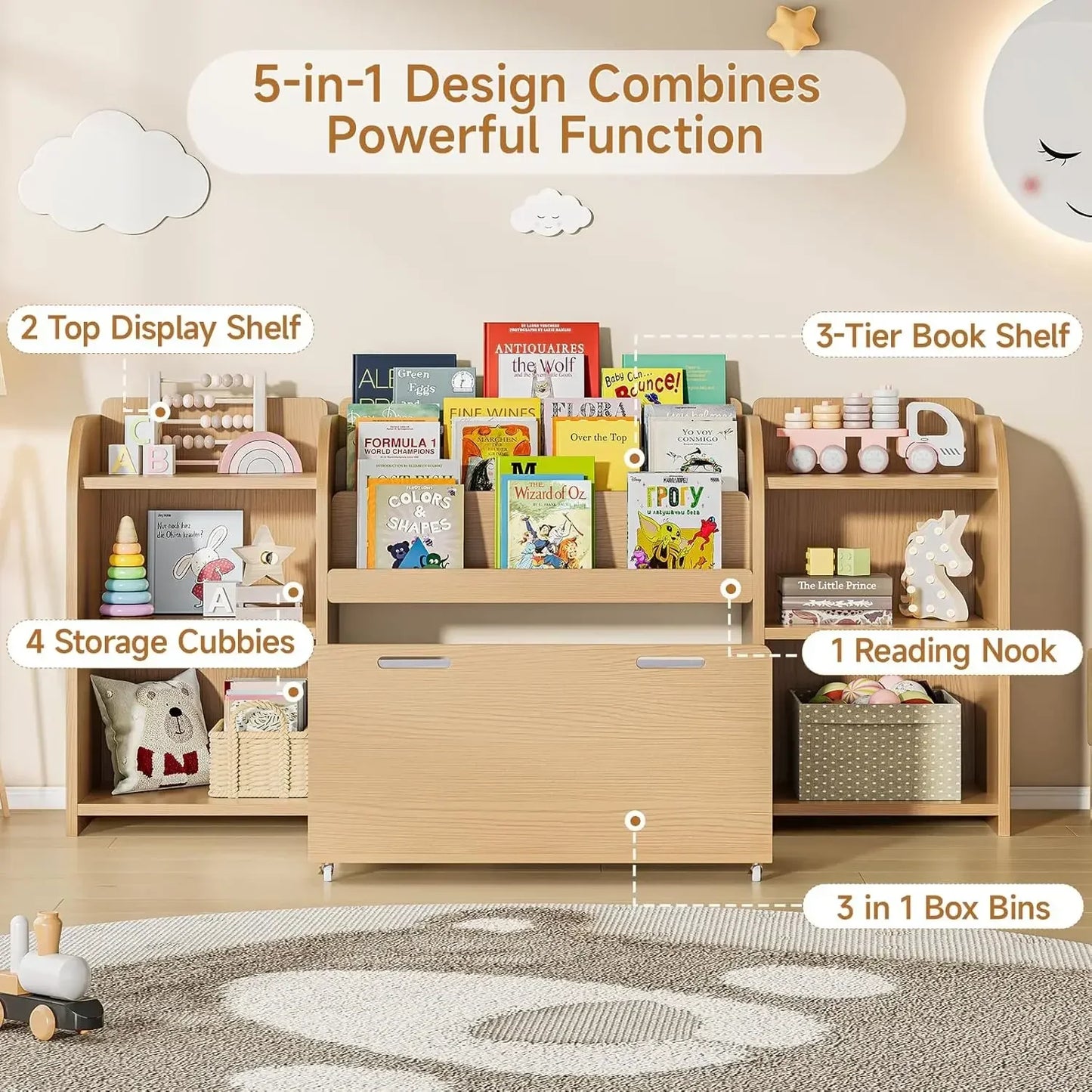 Kids Reading Nook Bench Movable 3 Tier Bookshelf With 6 Cubbies