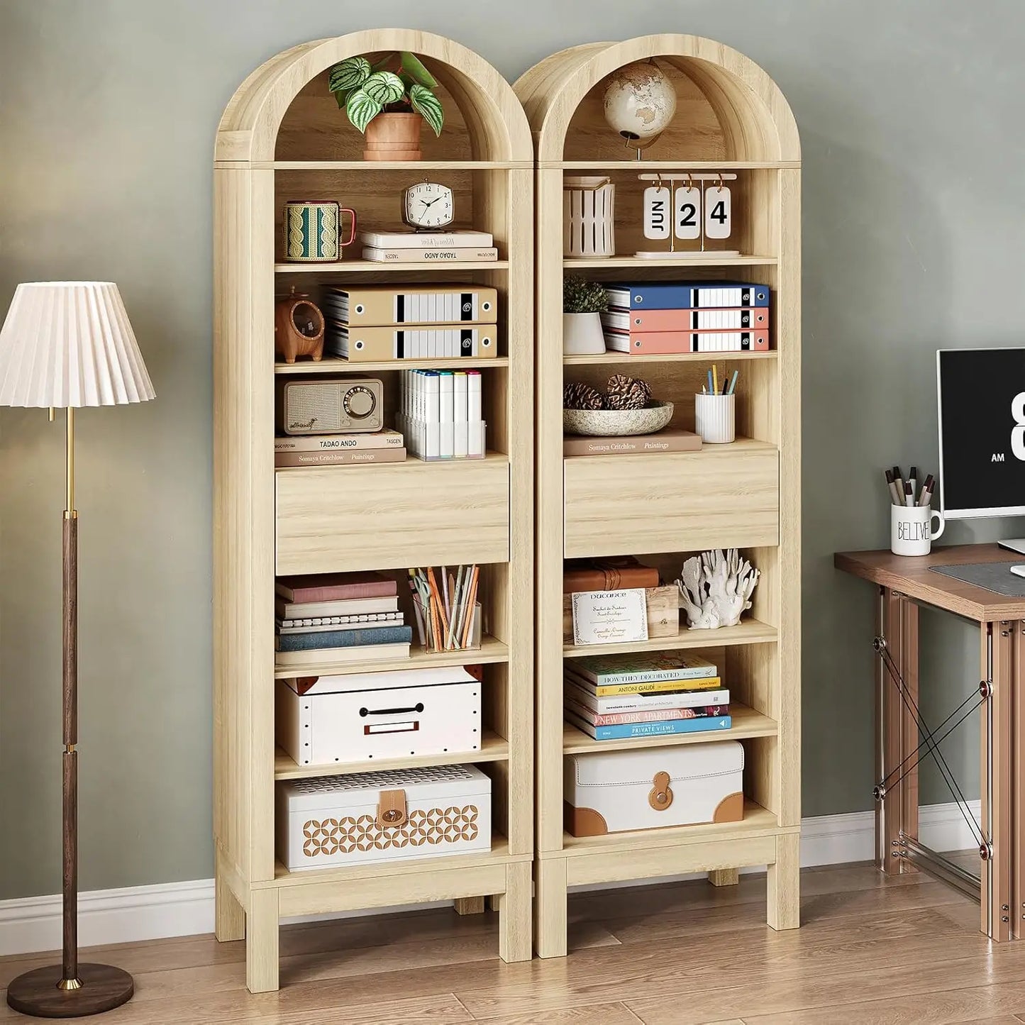 Arch Storage Cabinet 7 Tier Open Organizer With One Drawer Wooden