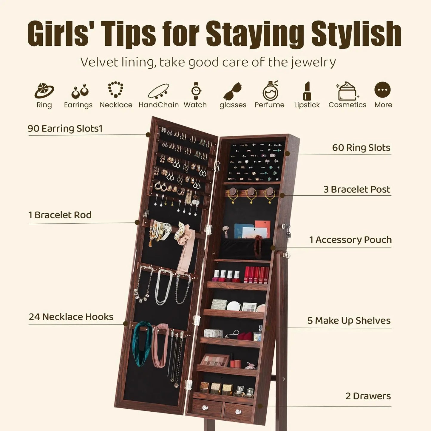 JHK Living Room Jewelry Armoire Cabinet Standing Mirror Organizer