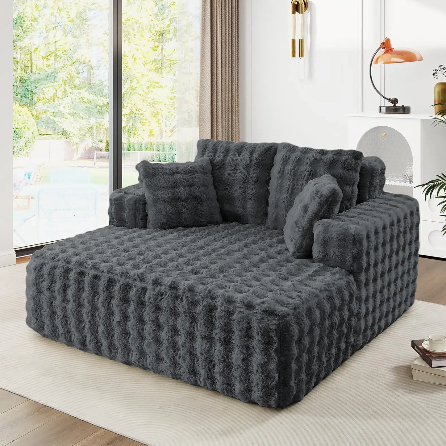 JEEOHEY Plush Faux Fur Chaise Lounge Chair Sleeper Sofa Bed With Pillows