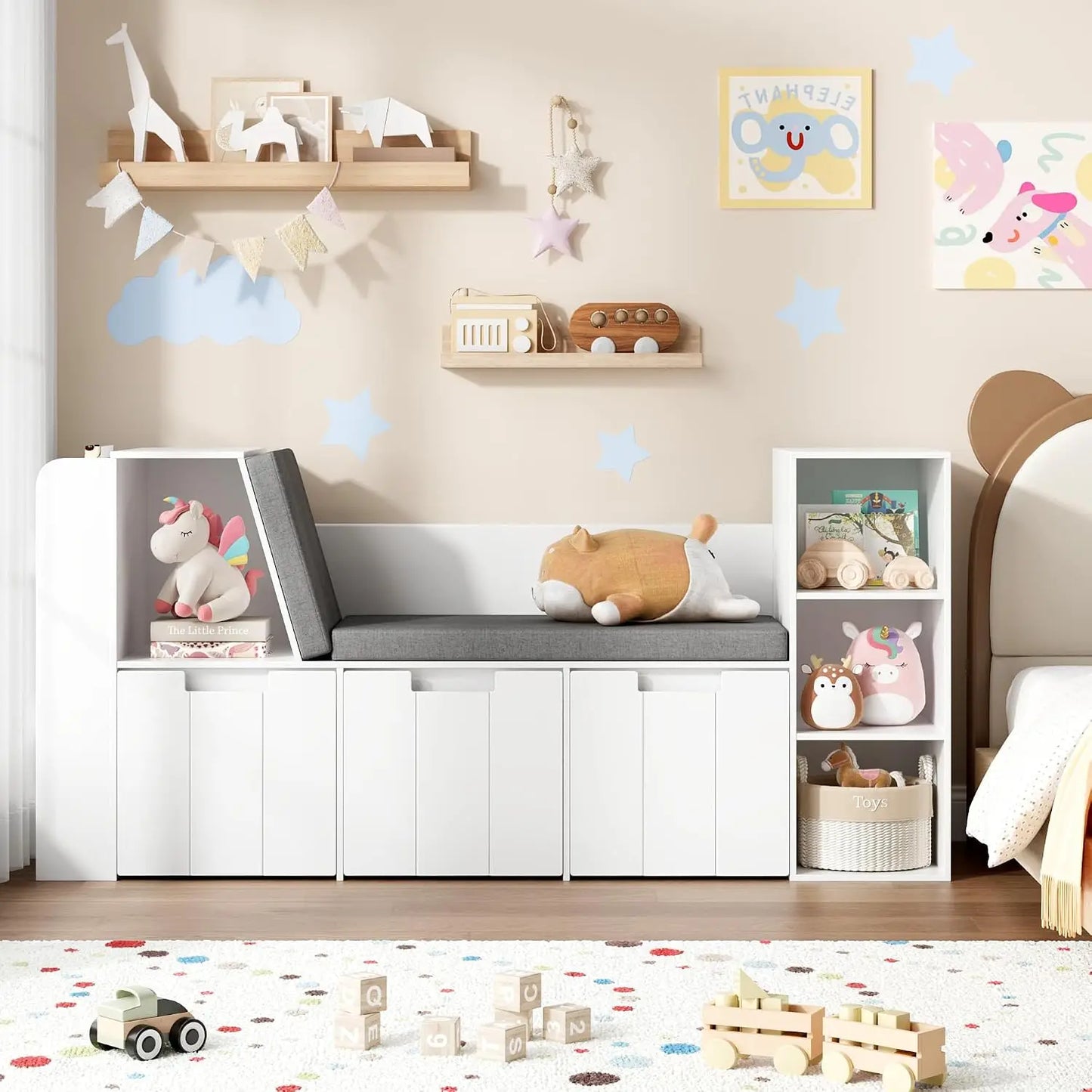 Kids Reading Nook With 3 Layer Bookshelf And Rolling Drawers