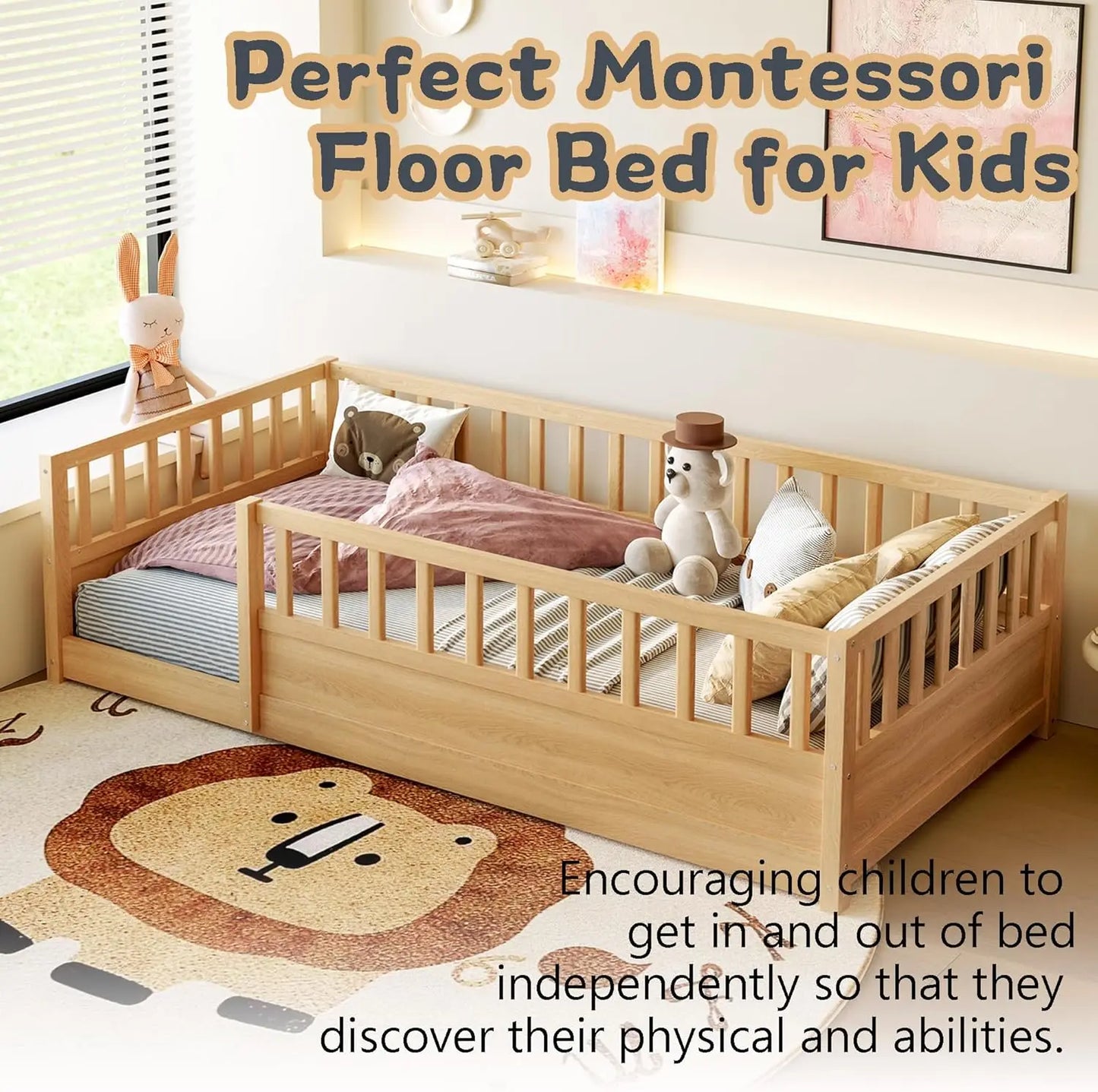 Solid Wood Montessori Floor Bed with High Rails for Toddlers