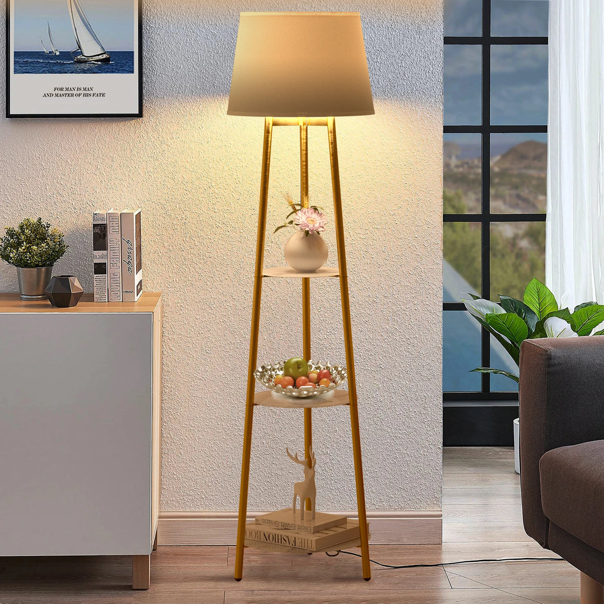 Vrygle Tripod Floor Lamp With Storage Shelves And Dimmable LED