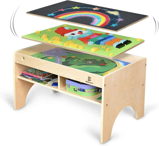 Wooden Three In One Art And Activity Table Playset For Blocks And Bricks Storage