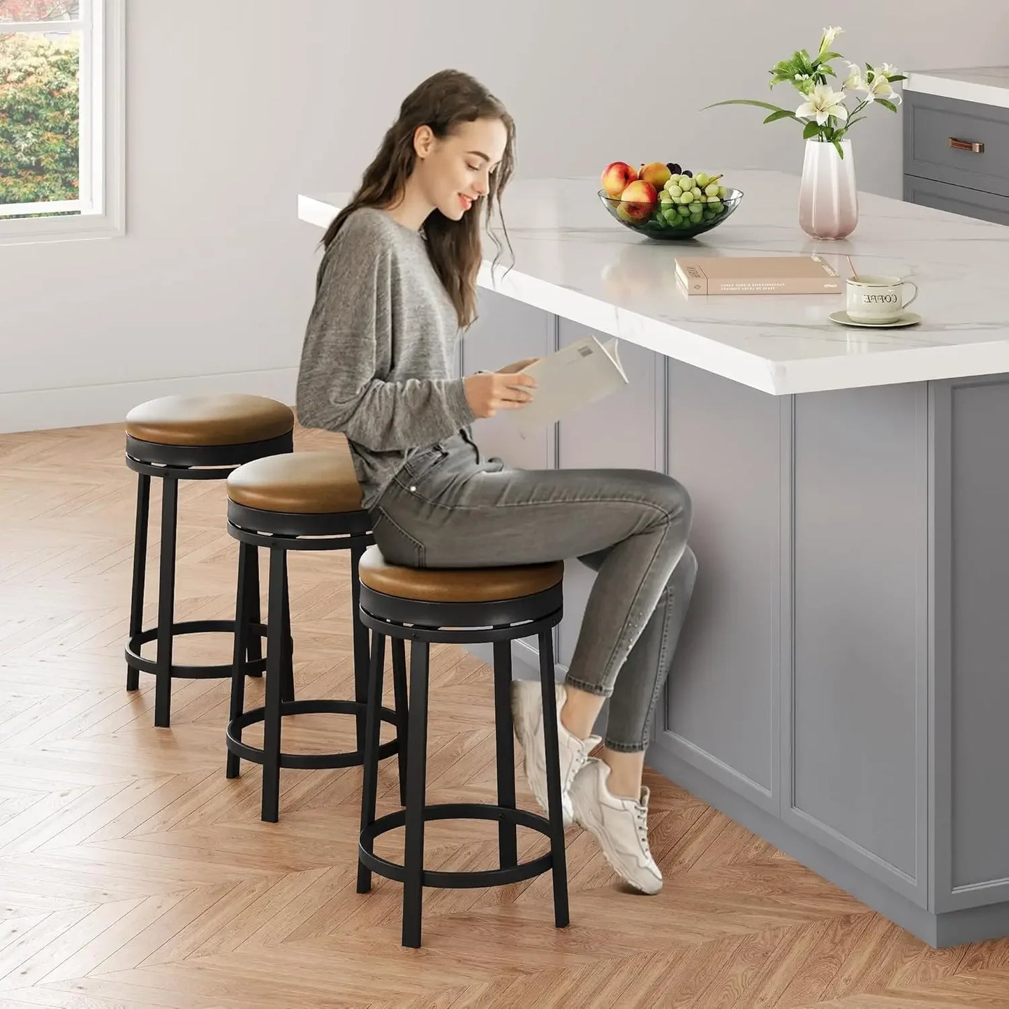 Swivel Bar Stools Set Of 2 With Footrest PU Leather