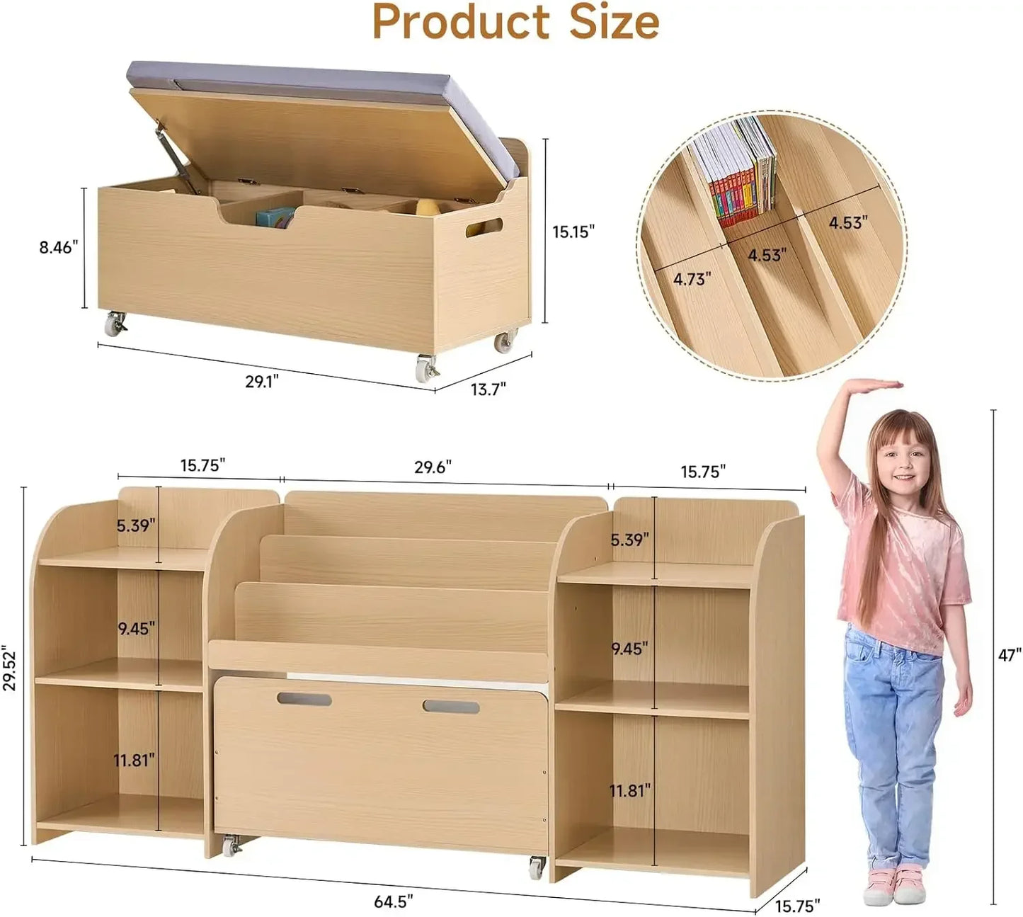 Kids Reading Nook Bench Movable 3 Tier Bookshelf With 6 Cubbies