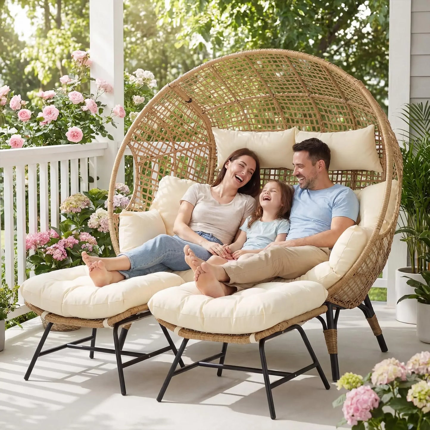 Two Person Egg Chair Indoor Outdoor Wicker Lounge With Ottoman