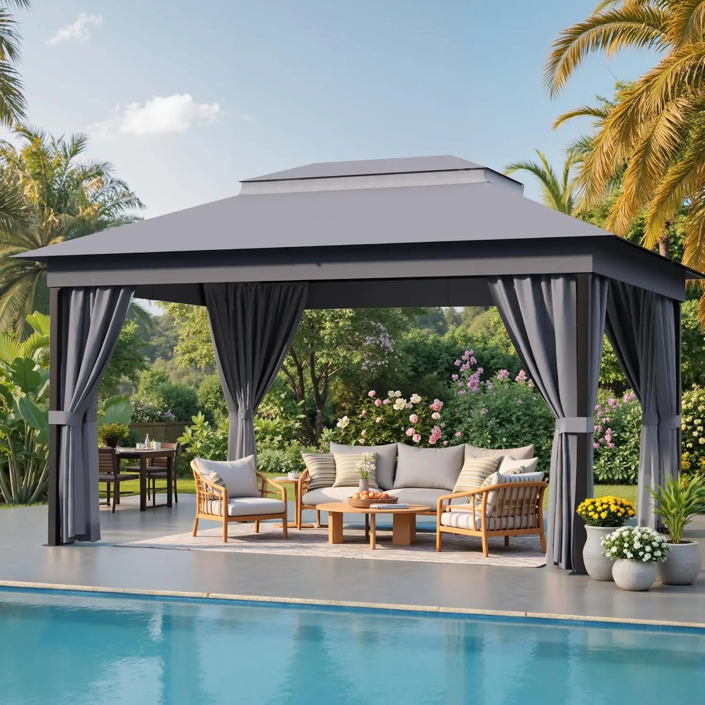 Outdoor Gazebo With Heavy Duty Steel Frame And Mosquito Net