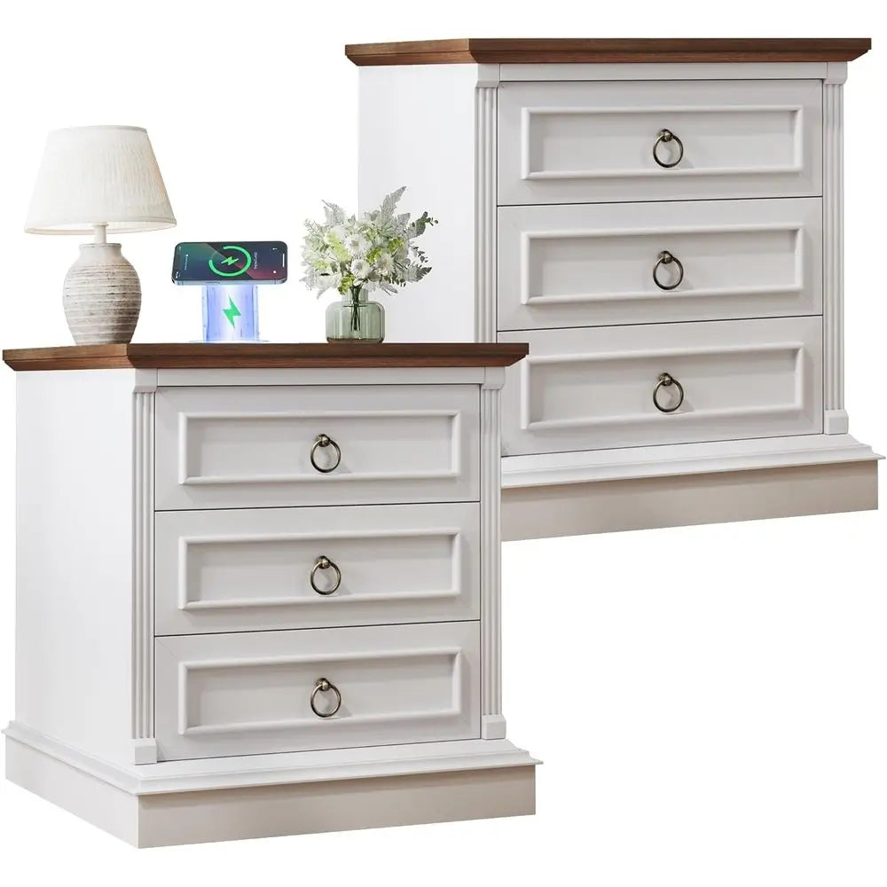 Farmhouse Nightstand Set of 2 With Wireless Charging Station