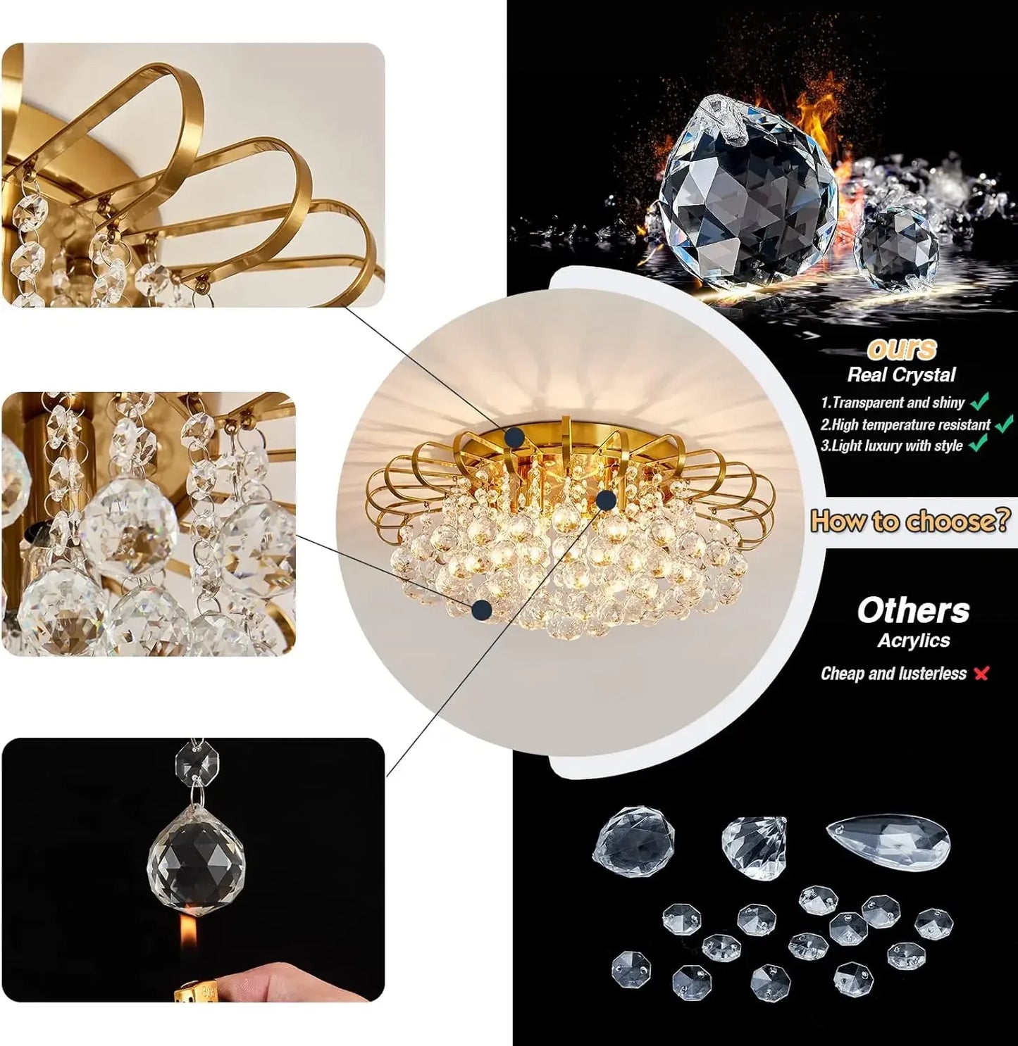 4 Lights Crystal Chandelier Modern Semi Flush Mount Ceiling Light