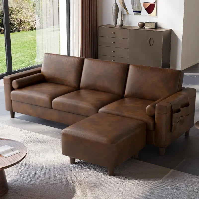 Faux Leather L Shaped Sofa With Movable Ottoman Side Pocket