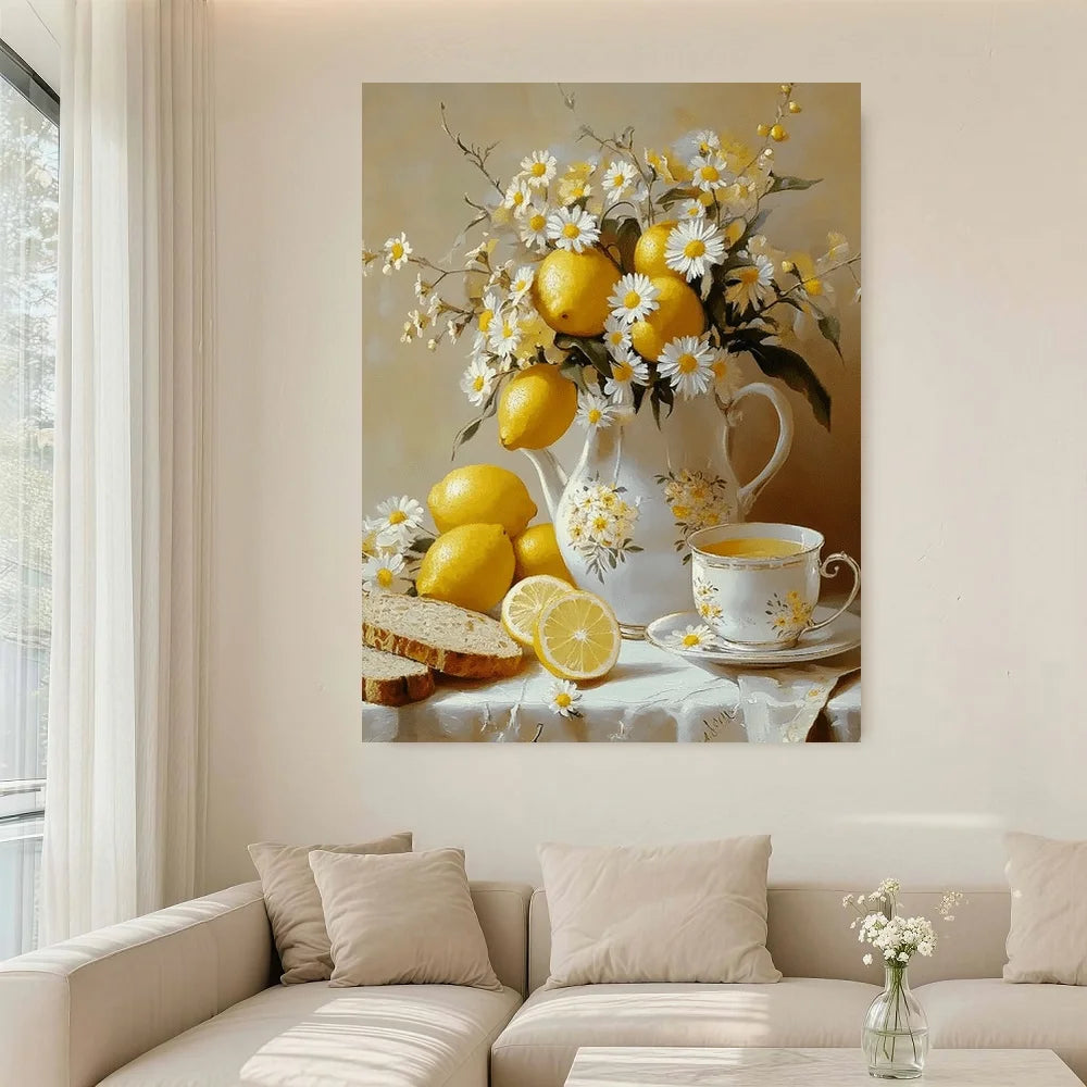 Framed Vintage Canvas Wall Art Lemons And White Vase Floral