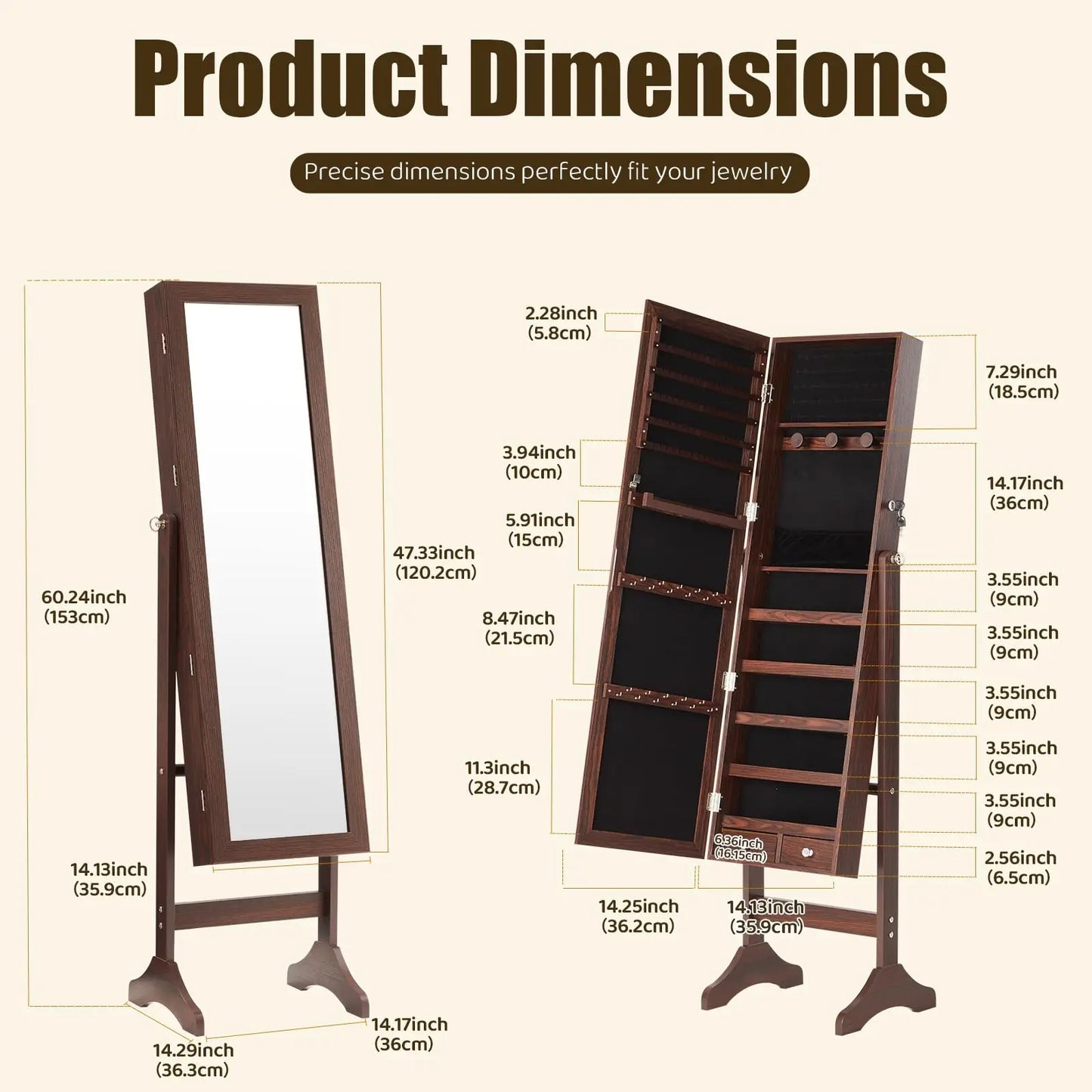 JHK Living Room Jewelry Armoire Cabinet Standing Mirror Organizer