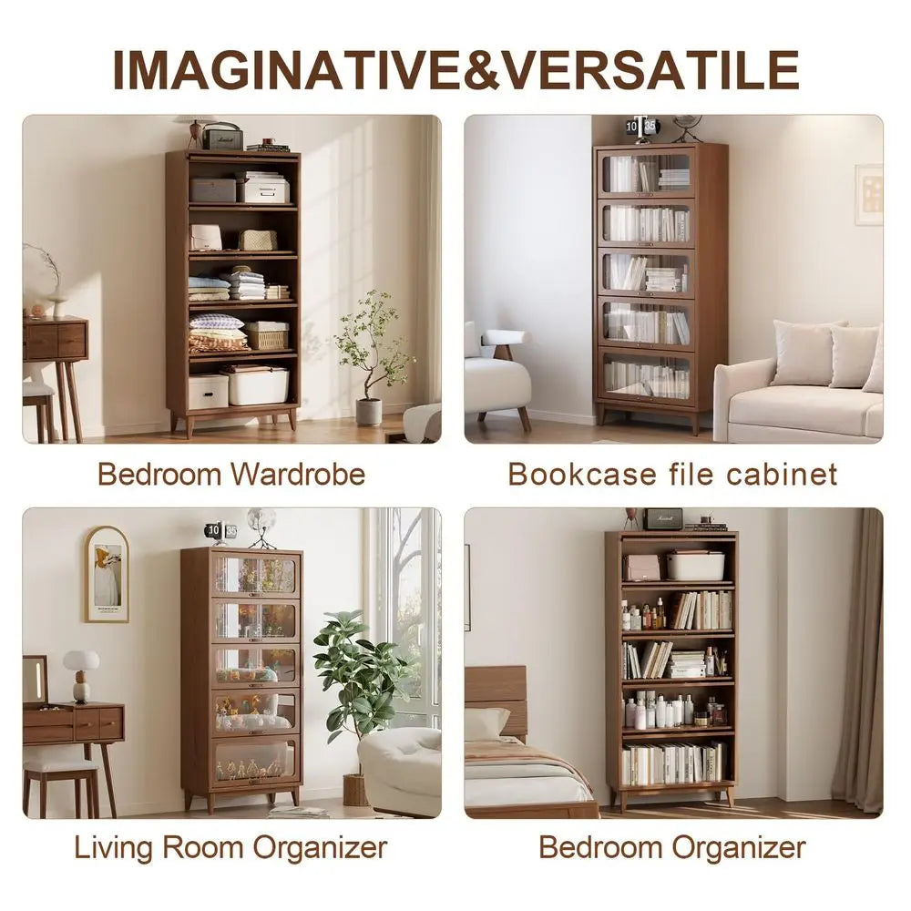Wood Bookcase With Tempered Glass Flip Up Doors Living Room