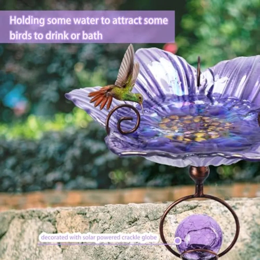 Glass Bird Bath Outdoor Decor With Solar Crackle Globe Lights