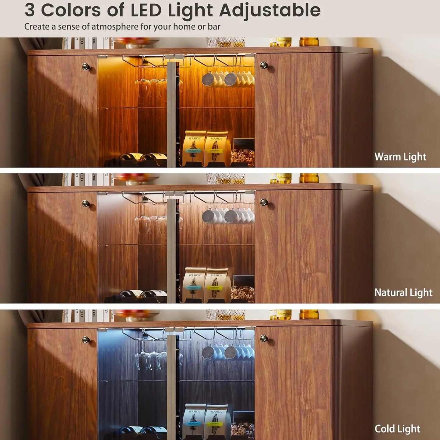 LED Coffee Bar Cabinet With Wine Rack And Glass Holder