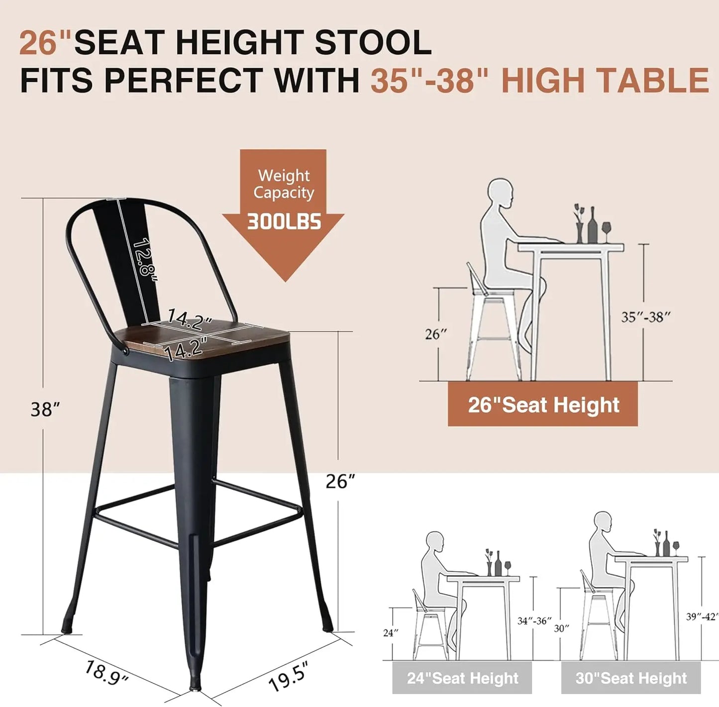 Industrial Bar Stools Set Of 4 With High Back And Wood Seat