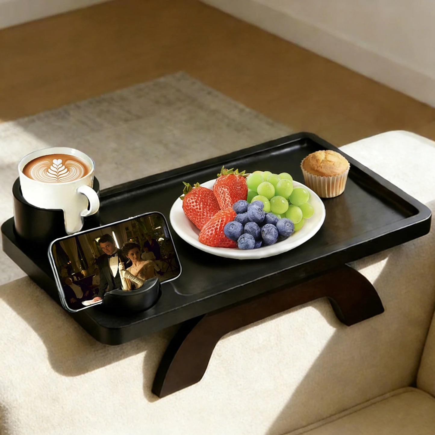 JHK Folded 3 In 1 Clip Sofa Armrest Tray With 360 Rotating Phone Holder