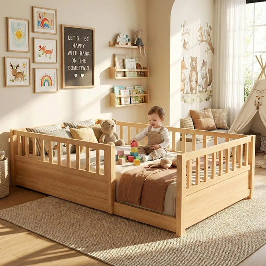 Montessori Floor Bed With High Rails Solid Wood For Kids