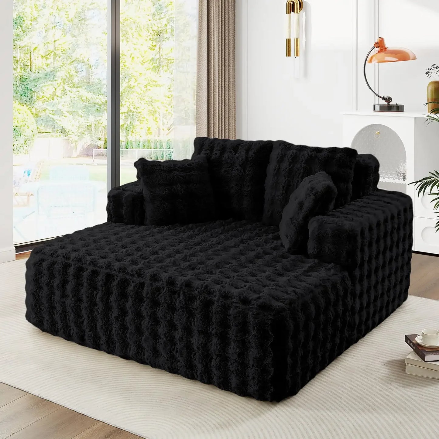 JEEOHEY Plush Faux Fur Chaise Lounge Chair Sleeper Sofa Bed With Pillows