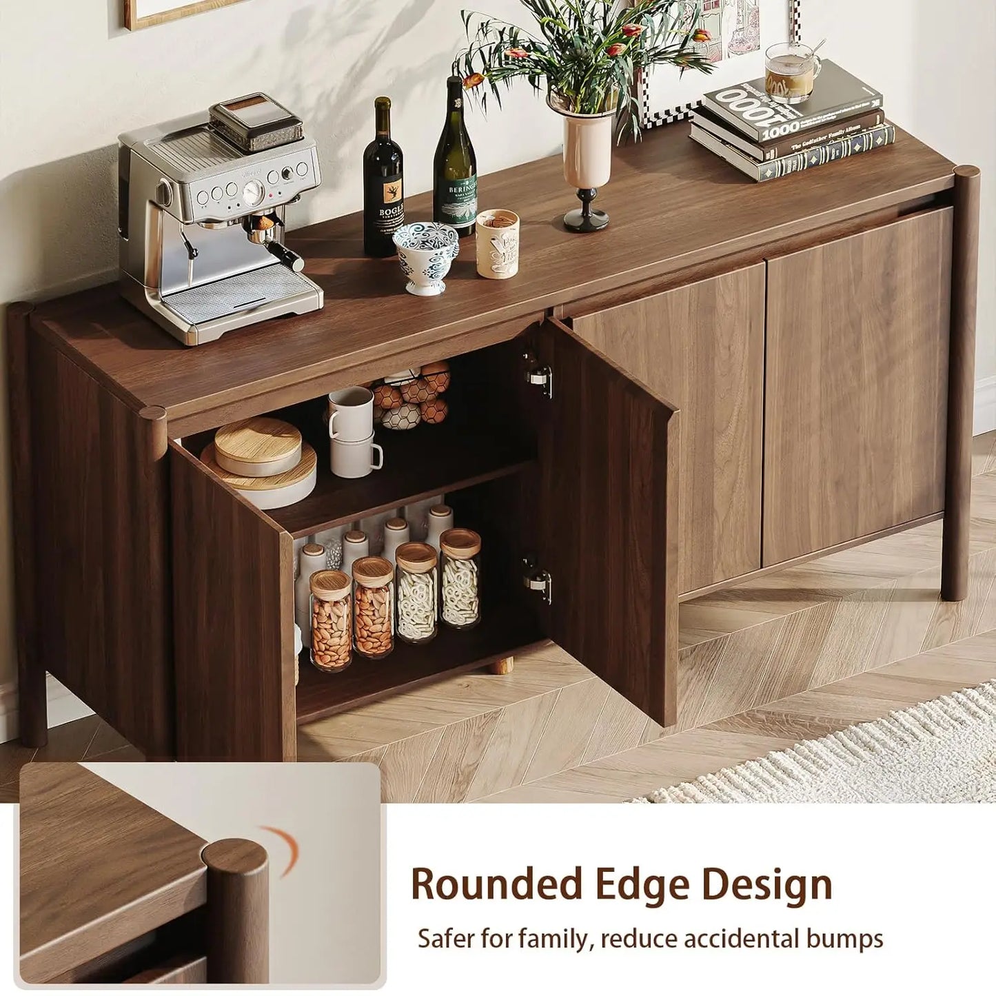 Walnut Mid Century Buffet Cabinet With Doors And Adjustable Shelves