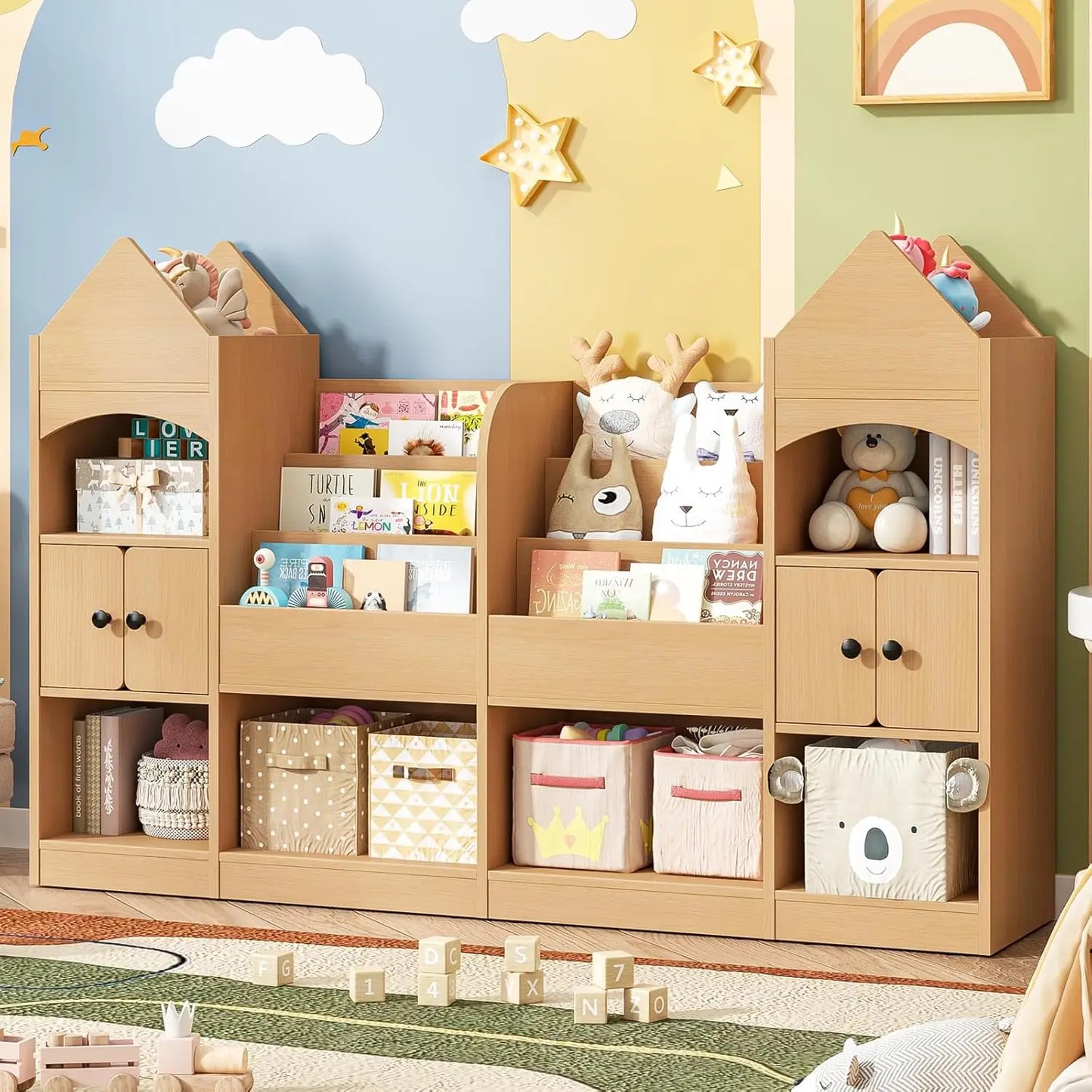 Children's Bookshelf Wood Display Case For Kids Toy Storage Organizer