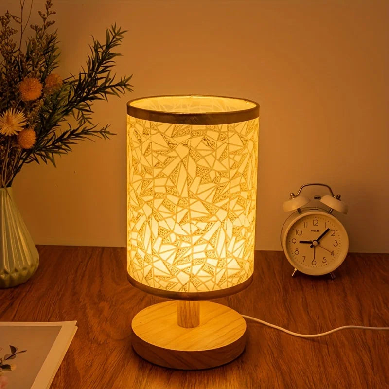 Wood Fabric Table Lamp Usb Powered Warm Light Bedroom Lamp