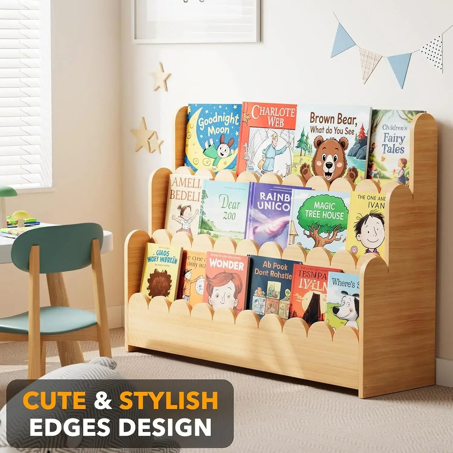 3-Tier Scalloped Bookshelf Montessori Wooden Bookcase for Toddlers Playroom
