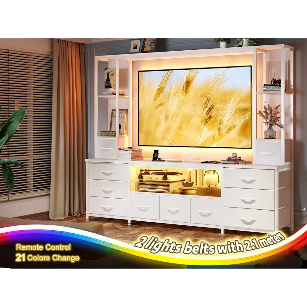 TV Stand With LED Lights And Power Outlets Fabric Drawers