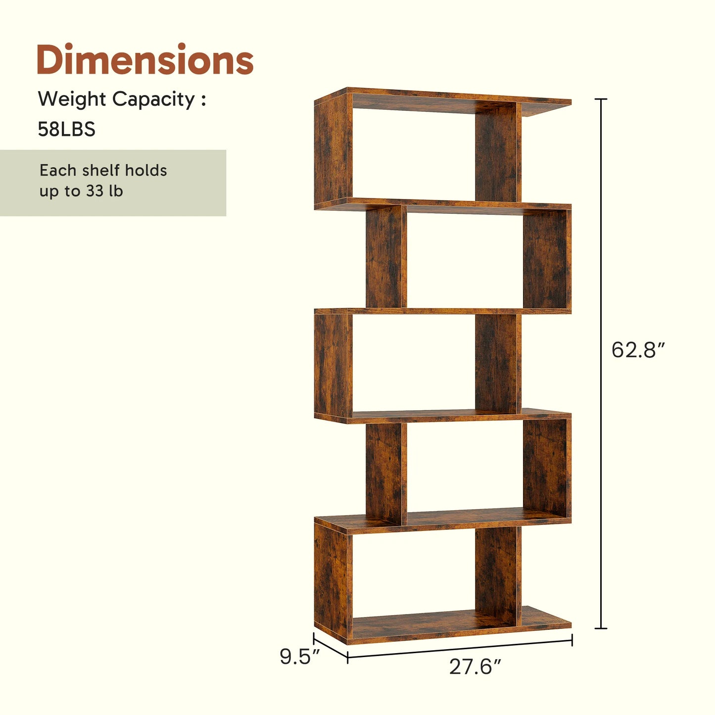 JHK Geometric 5 Tier S Shaped Wooden Bookcase Display Shelf