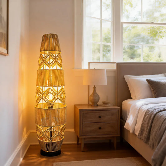 Vintage Wicker Rattan LED Corner Floor Lamp With Adjustable Brightness