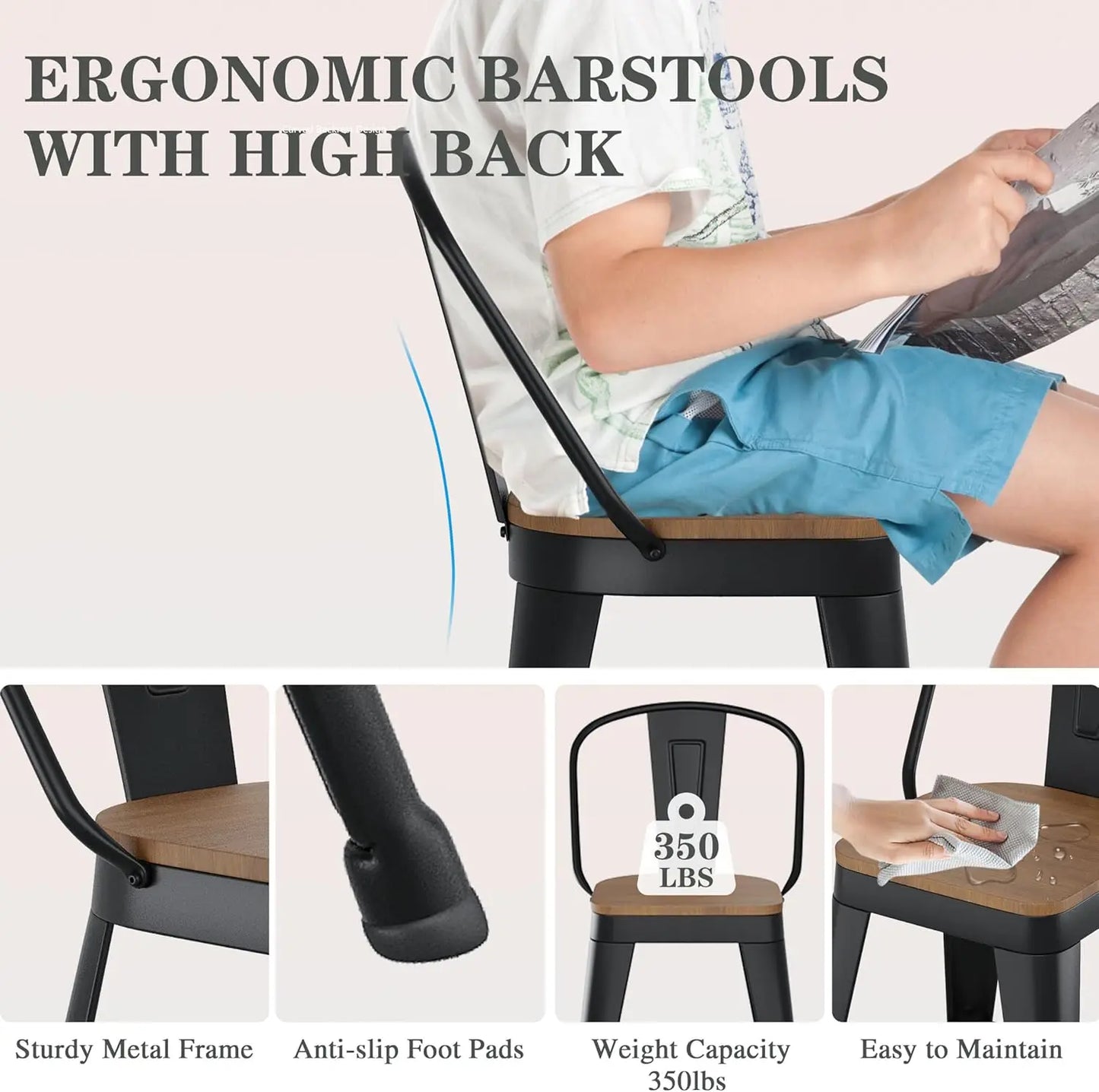 Industrial Bar Stools Set Of 4 With High Back And Wood Seat
