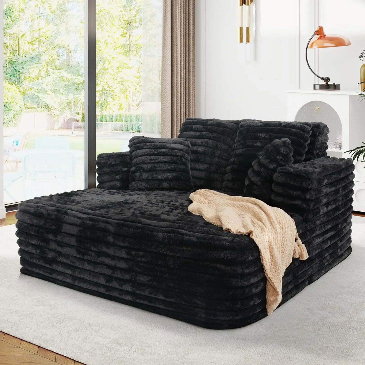 JEEOHEY Plush Faux Fur Chaise Lounge Chair Sleeper Sofa Bed With Pillows