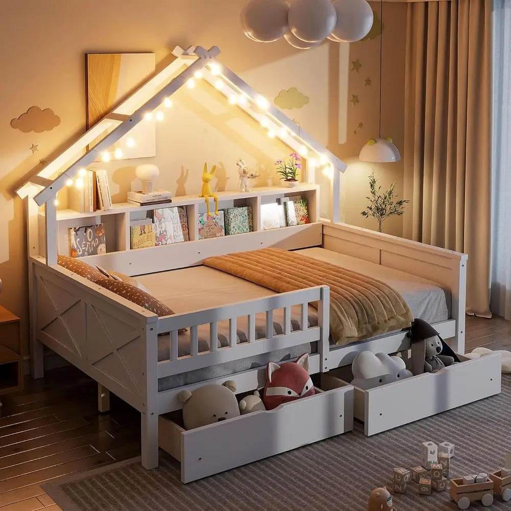 Wooden Bed Frame With Storage Drawers LED Lights And Shelves