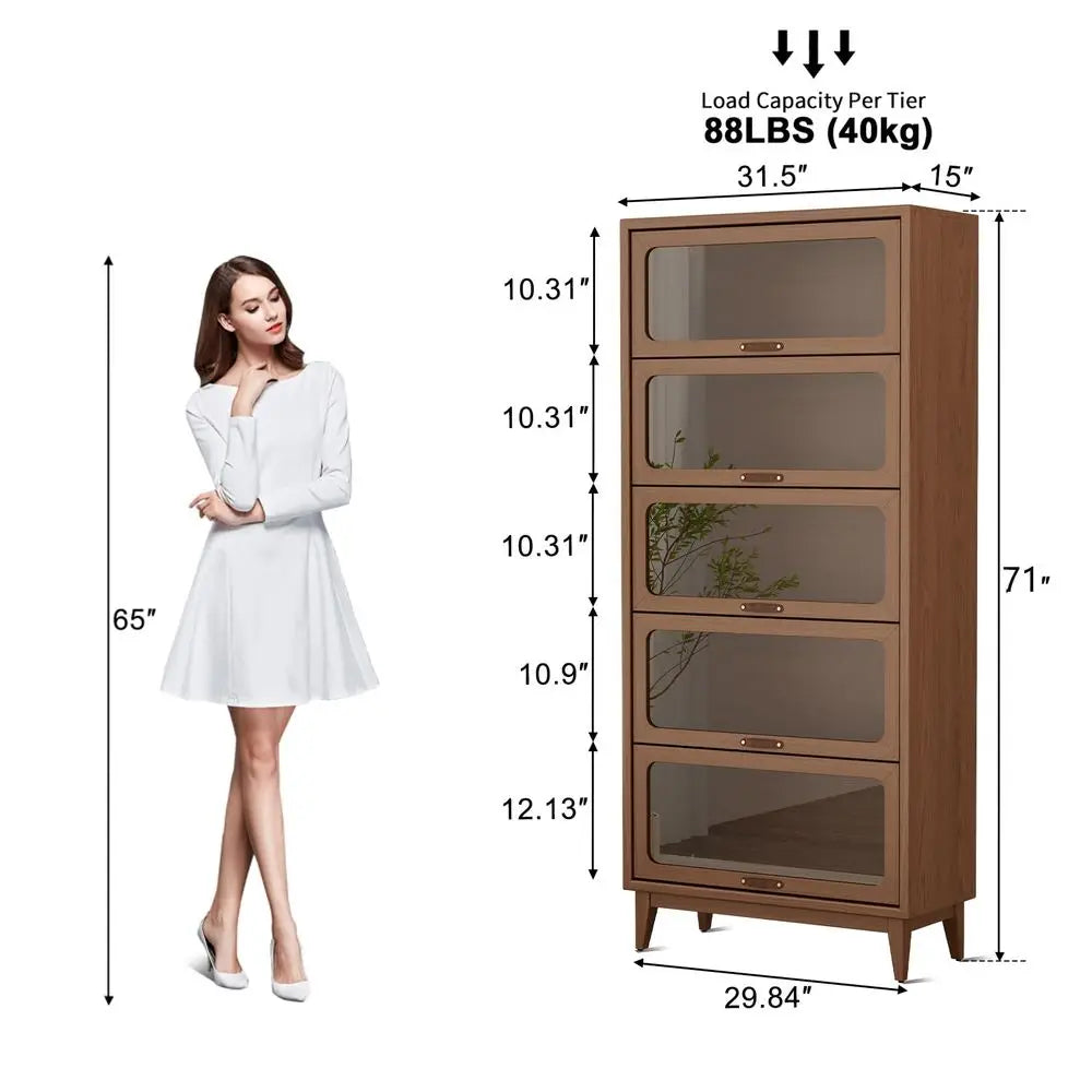 Wood Bookcase With Tempered Glass Flip Up Doors Living Room