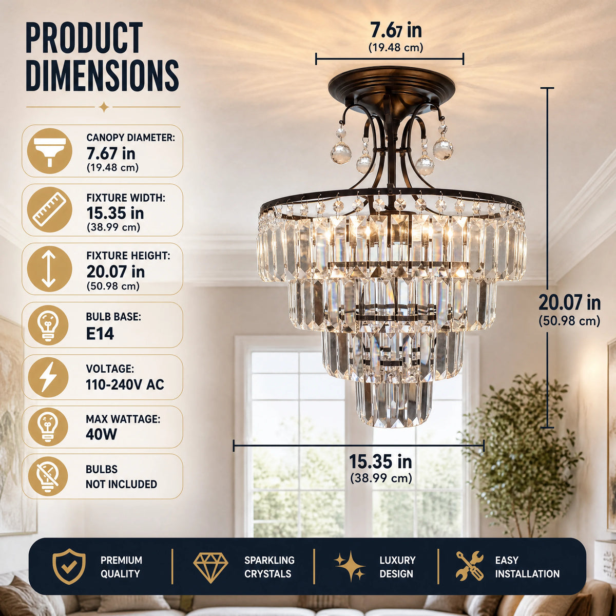 K9 Crystal Modern Semi-Flush Mount 3 Tier Waterfall Chandelier