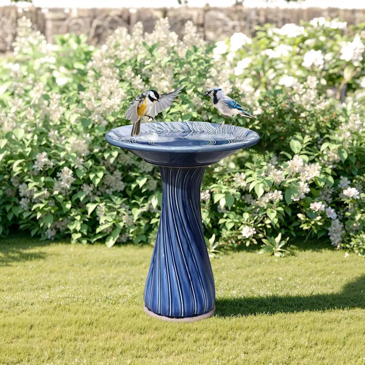 Ceramic Bird Bath With Leaves And Swirl Pattern Pedestal