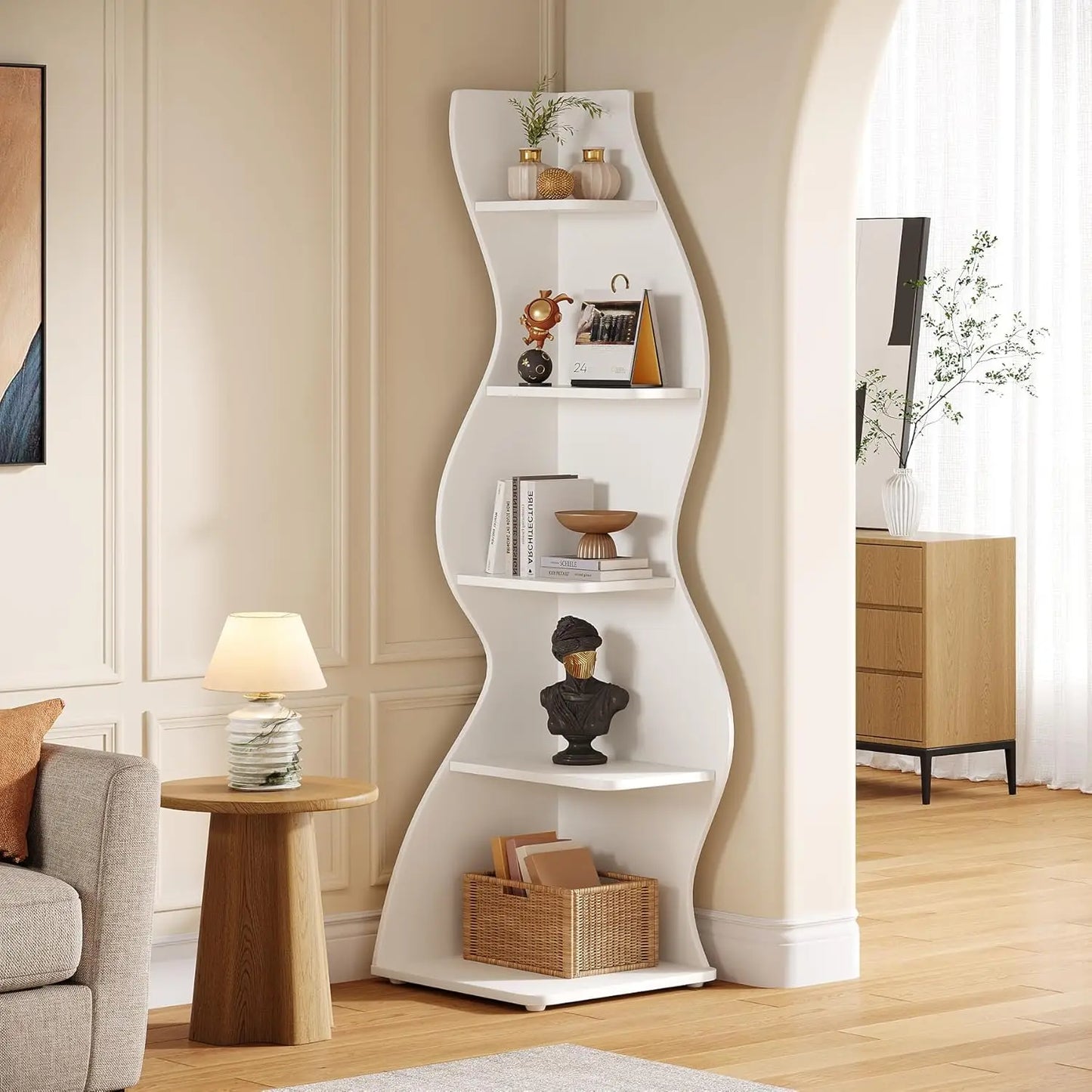 Modern 5-Tier Curvy Corner Shelf Rack For Living Room